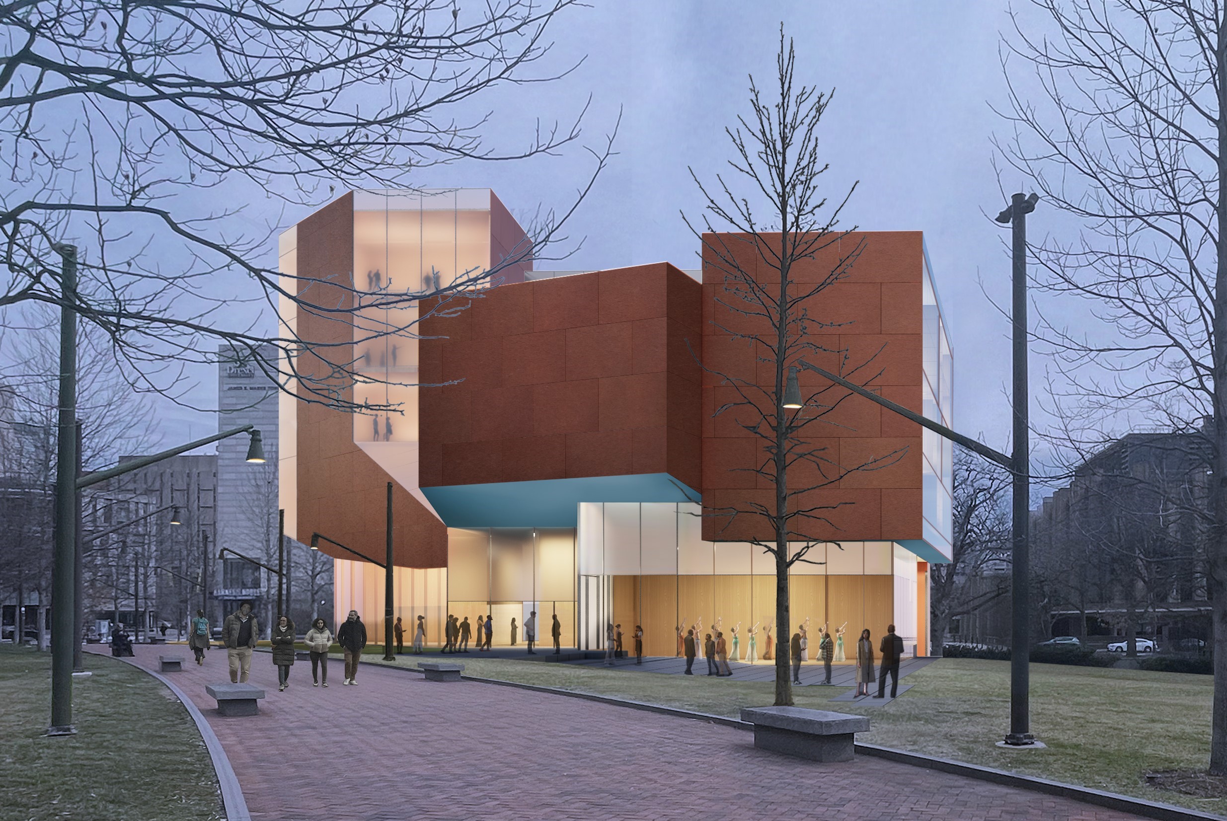 Student Performing Arts Center - View Along Woodland Walk Rendering